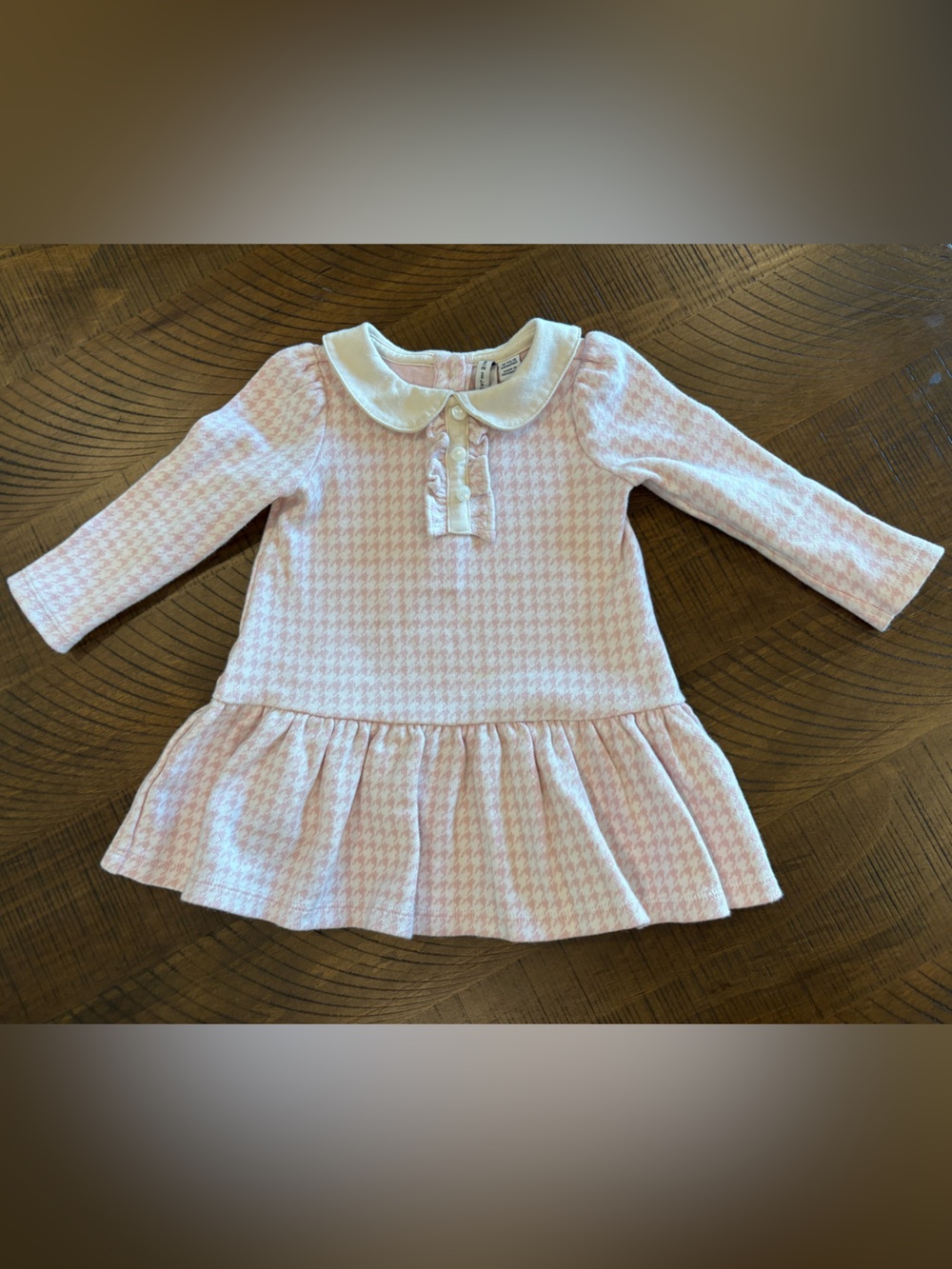 Collared Long Sleeve Pink & Cream Houndstooth Ruffled Dress